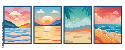 Watercolor abstract backgrounds, vector , beach, sunset, sea. Set of creative minimalist hand painted illustrations for wall decoration