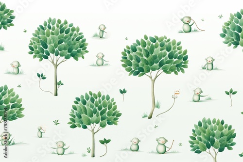 Playful treedwelling monkeys  plant designs  simple line repeat  childlike flat graphics  white canvas    cute drawing