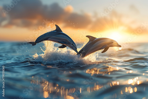 A pair of dolphins leap joyfully from the ocean waves at dawn.
