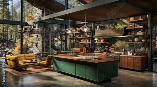 b'kitchen island with green cabinets and wood countertop in a modern house'