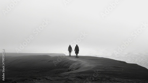b'Two people walking on a hilltop overlooking the ocean' photo