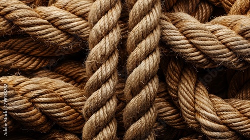 Close-up of twisted natural jute ropes. Macro photography. Nautical and strength concept.