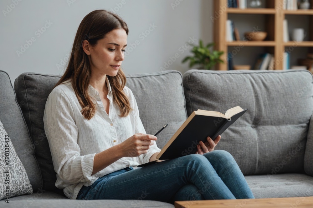 Side view of woman reading book while sitting on sofa at home Side view of woman reading book while sitting on sofa at home