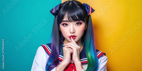 Beautiful Asian Anime woman in cosplay costume, front of wall with space for text