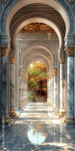 ornate hallway with marble columns and golden accents