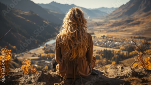 b'woman in brown robe sitting on rock cliff looking at mountain valley landscape'
