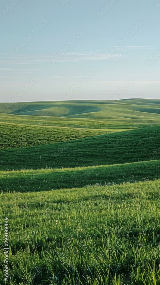 b'Picturesque green rolling hills under clear blue sky'