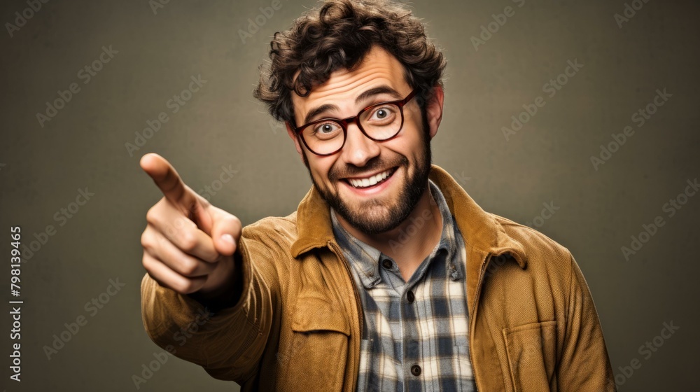 b'A man with glasses and a beard is pointing at the camera'