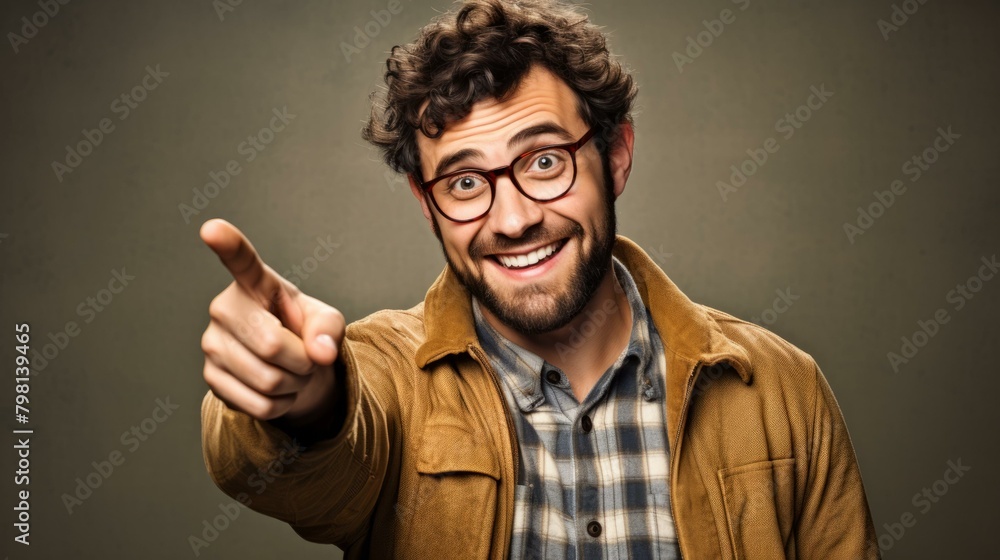 b'A man with glasses and a beard is pointing at the camera' b'A man with glasses and a beard is pointing at the camera'