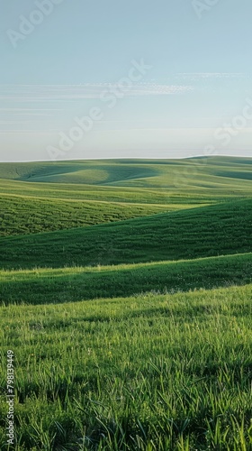 b'Picturesque green rolling hills under clear blue sky'