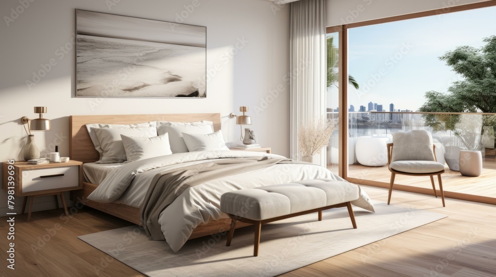 b'Modern bedroom with a view of the city'