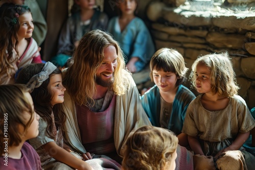 Jesus among children, talking to children, Loving and caring biblical scene © Adriana