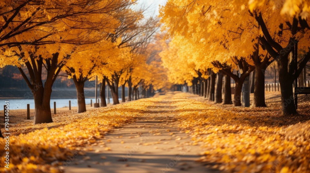 b'Fall Scenery of Trees by Lake with Yellow Leaves'