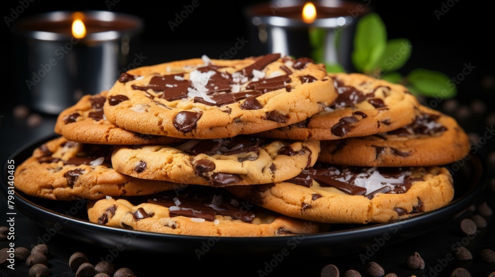b'A stack of chocolate chip cookies on a black plate' b'A stack of chocolate chip cookies on a black plate'