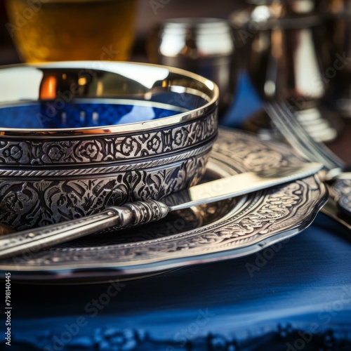 b'Ornate silver plate with a knife on a blue tablecloth' photo