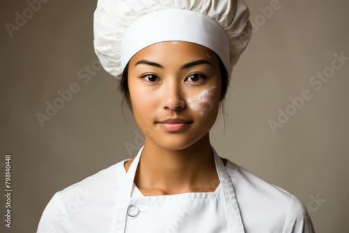 b'Portrait of a young female chef in a white uniform and toque'