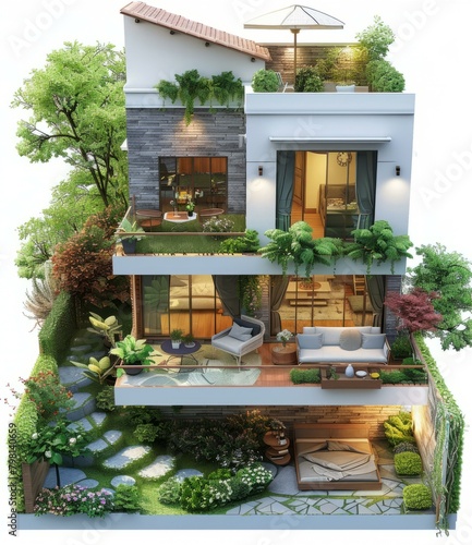 b'A modern two-story house with a garden'