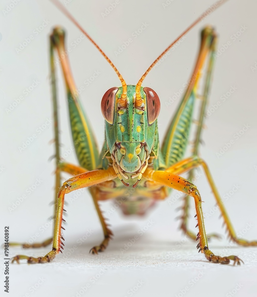 Fototapeta premium b'A green and orange katydid on a white surface'