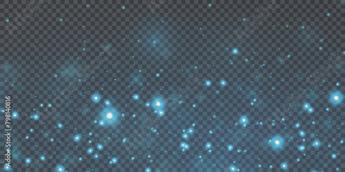 Blue magic dust with sparkling lights and stars. On a transparent background.