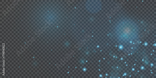 Blue magic dust with sparkling lights and stars. On a transparent background.