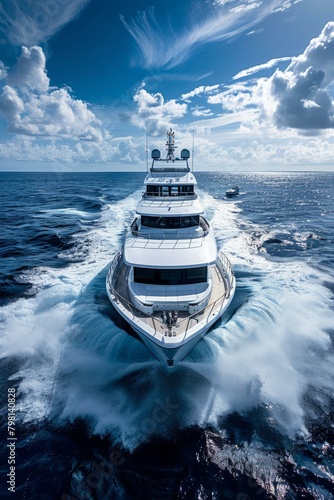 b'A large white yacht is cruising in the open ocean' photo