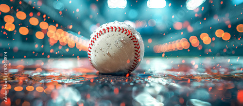 A close-up of a water-soaked baseball resting on a reflective surface with vibrant bokeh lights in the background creating a dramatic and atmospheric sports scene photo