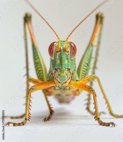 b'A green and orange katydid on a white surface'