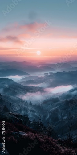 b'Misty mountain landscape with vibrant sunset sky'