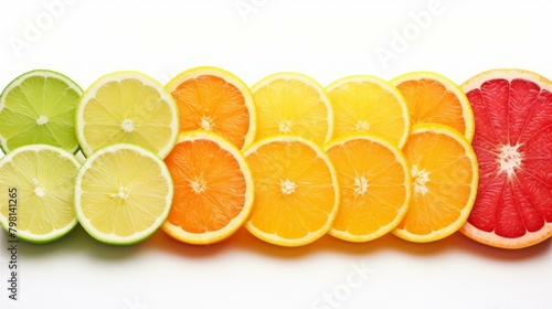 b'Various citrus fruits are arranged in a row on a white background'