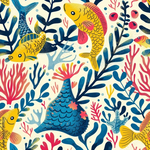 b'Colorful tropical fish and coral reef seamless pattern' photo