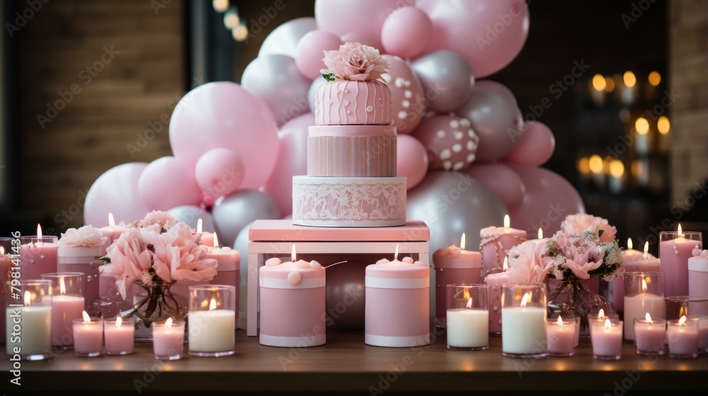 b'Pink and white birthday cake with pink and white balloons and candles'