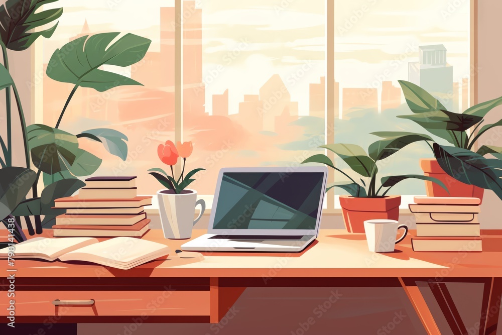 Fototapeta premium A serene home office setup featuring a neatly organized desk with documents