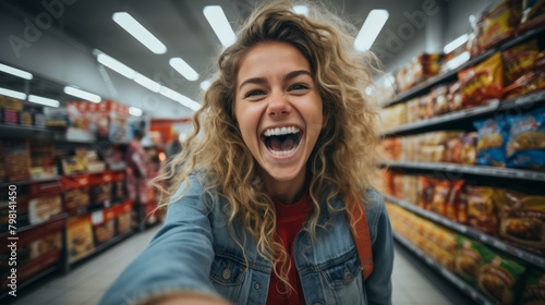 b'Laughing woman in grocery store'