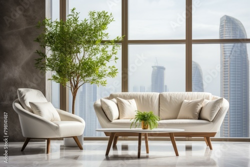 b'White sofa and armchair in modern living room with big windows'