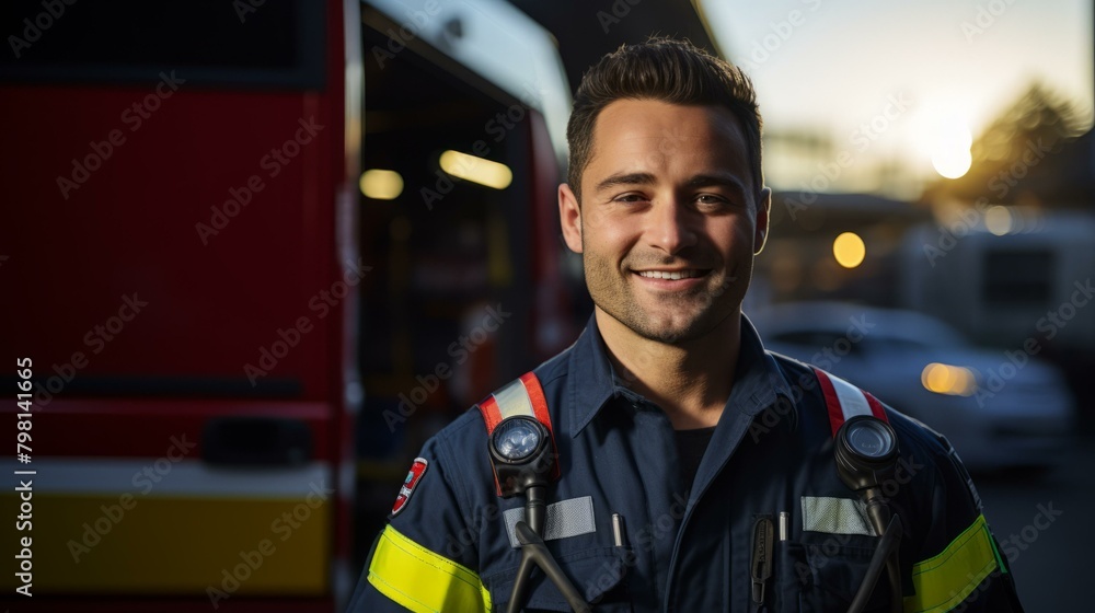 b'Portrait of a smiling firefighter in front of a fire truck' b'Portrait of a smiling firefighter in front of a fire truck'