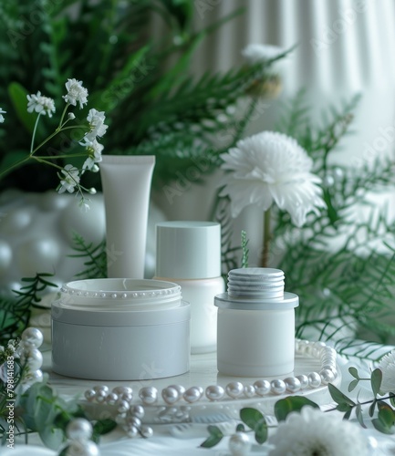 b'Natural skincare products with green leaves and white flowers'