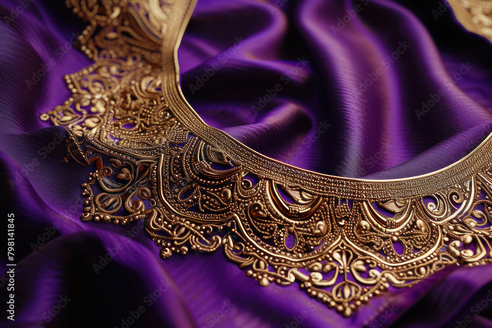 Fototapeta premium gold necklace on purple cloth background