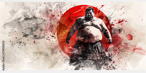The Japanese Flag with a Sumo Wrestler and a Sushi Chef - Visualize the Japanese flag with a sumo wrestler representing Japan's traditional sport and a sushi chef symbolizing the country's culinary he