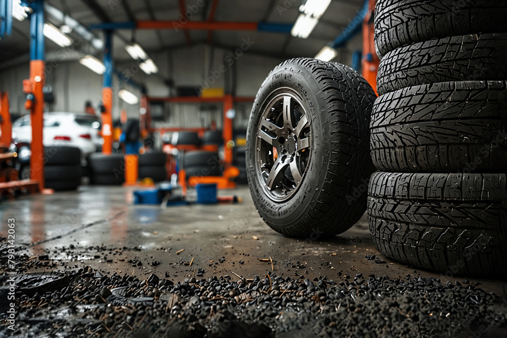 Tire service. An auto mechanic at a tire service. Repair and sale of tires for cars. Tire service. An auto mechanic at a tire service. Repair and sale of tires for cars.