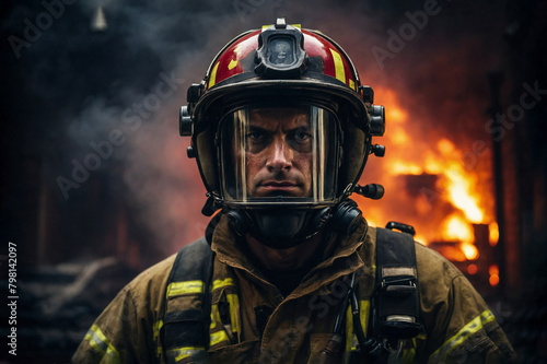 A firefighter in a fire fighter's uniform and a helmet for firefighters on the background of a burning building © Александр Поташев