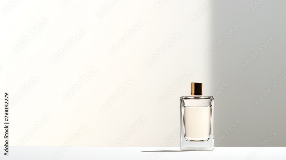 A minimalist composition of a single perfume bottle standing on a white background A minimalist composition of a single perfume bottle standing on a white background