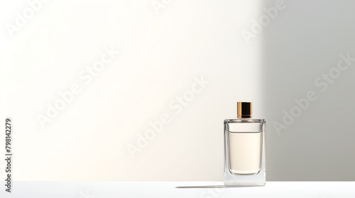 A minimalist composition of a single perfume bottle standing on a white background