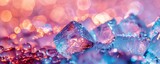 Macro shot of glistening pink and blue ice crystals with bokeh effect.