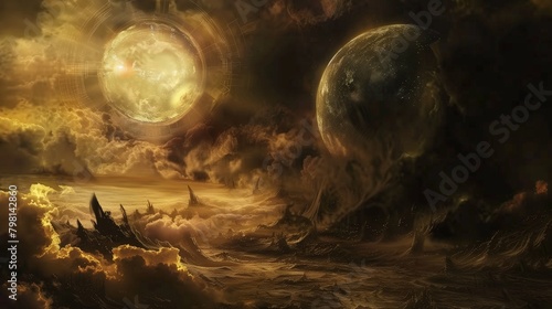 Celestial Confluence: A Fantasy Artwork Featuring a Cosmic Scene with Planets and Moons