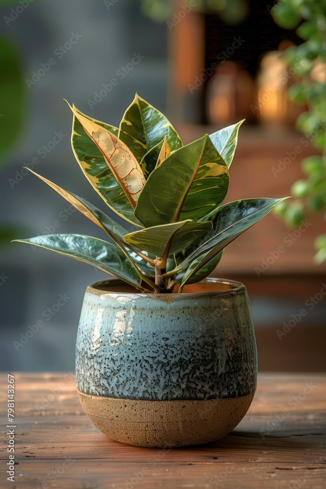 b'A potted variegated rubber plant on a wooden table' b'A potted variegated rubber plant on a wooden table'