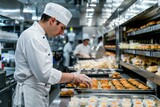 b'Professional chef carefully preparing pastries in a commercial kitchen'