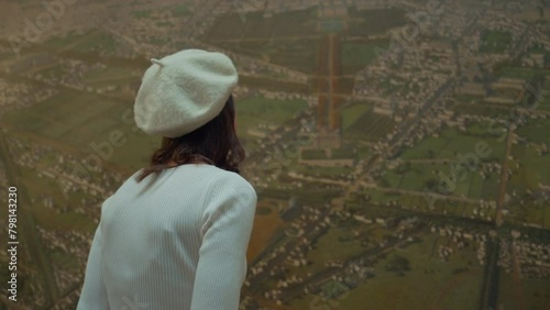 Woman in Beret Viewing Aerial Landscape (ID: 798143230)