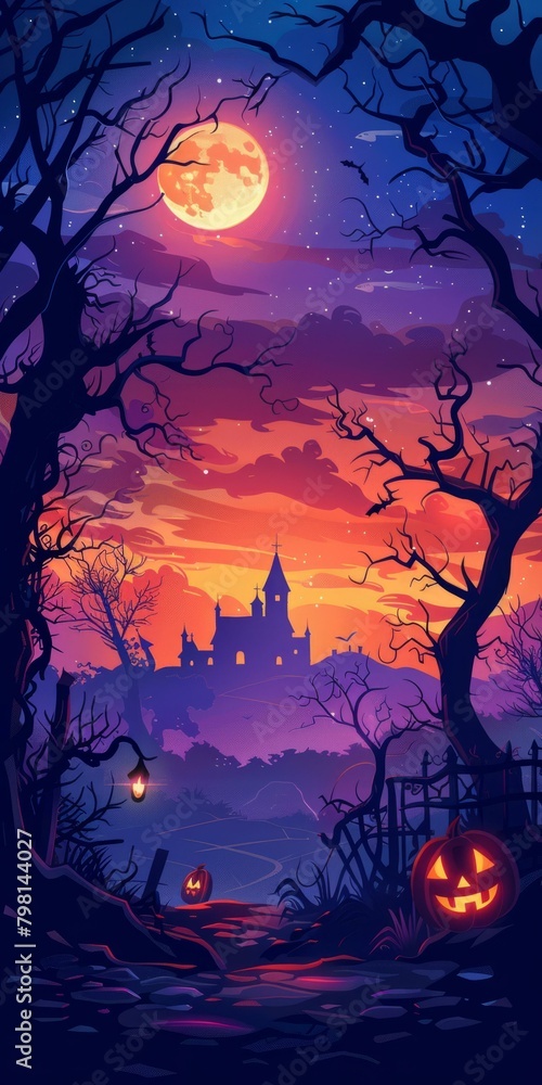 b'Spooky Halloween night in a creepy forest with a haunted castle'