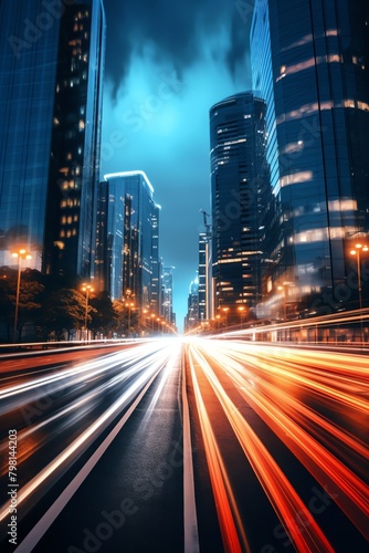 A bustling urban skyline at night