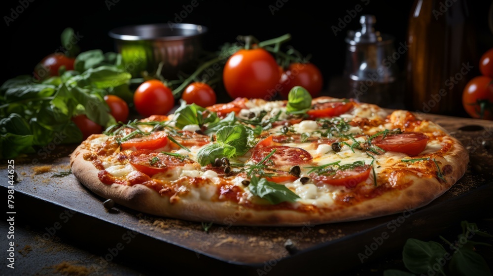 b'A delicious pizza with fresh tomatoes, basil, and mozzarella cheese'